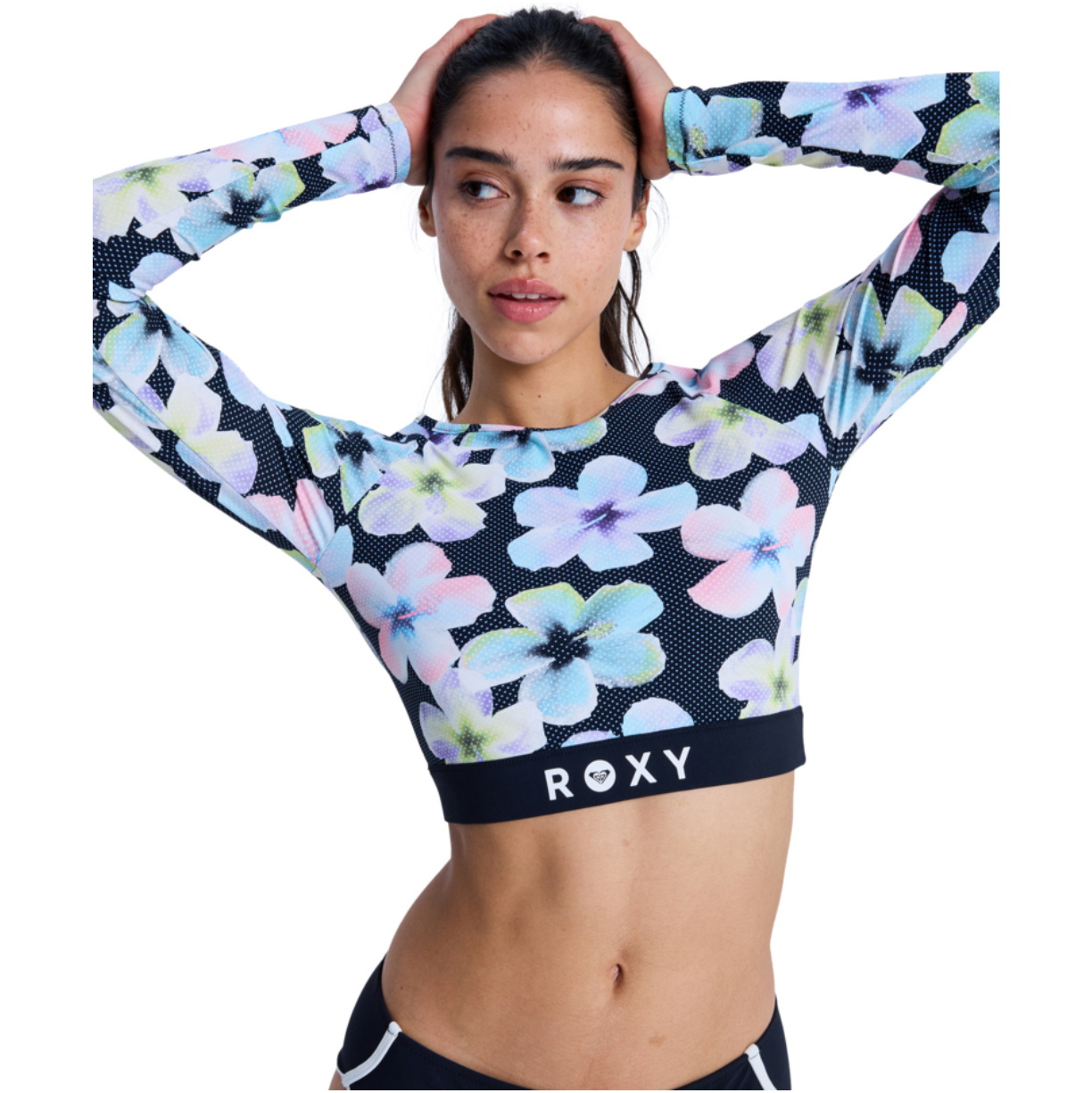 2026 Roxy Womens Roxy Active Long Sleeve Crop Top Rash Vest ERJWR03926 - Anthracite Im Fleur Real